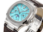 Patek Philippe watch angled view with turquoise dial and stainless bracelet-style case
