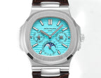 Patek Philippe watch front view with turquoise dial and brown leather strap