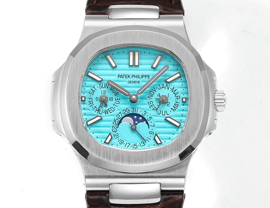 Patek Philippe watch front view with turquoise dial and brown leather strap