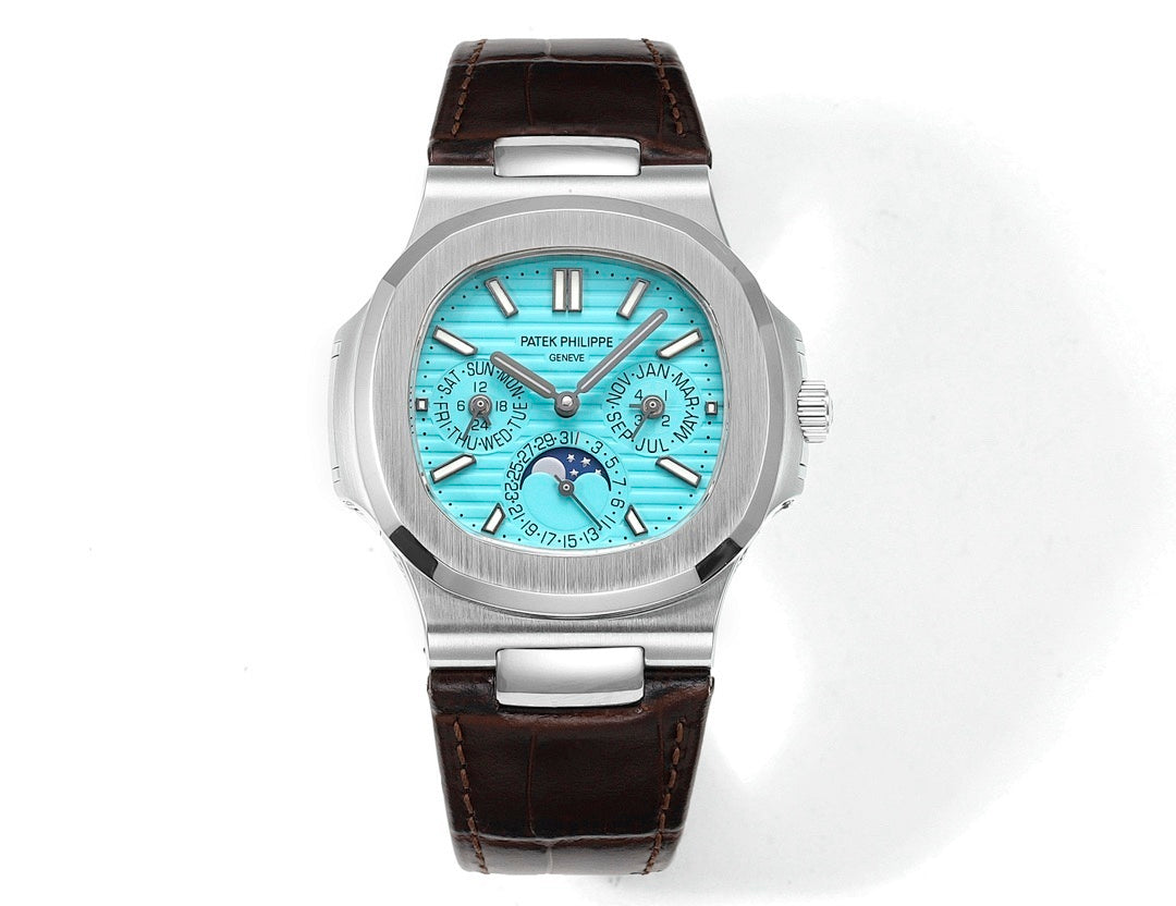 Patek Philippe watch centered front view with turquoise dial and brown leather strap