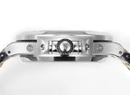 Stainless steel wristwatch caseback with engraved emblem and polished side details