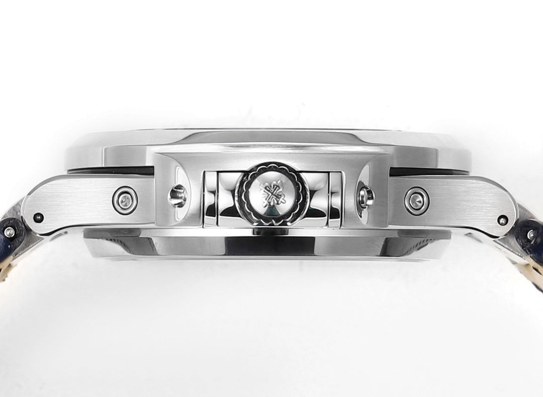 Stainless steel wristwatch caseback with engraved emblem and polished side details