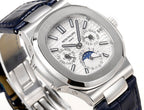 Wristwatch front close-up, silver dial with blue moonphase subdial and minute markers