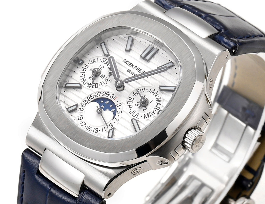 Wristwatch front angle, silver dial with Roman numerals and blue subdial