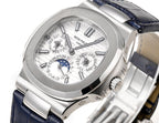Wristwatch front angle, silver dial with Roman numerals and blue subdial