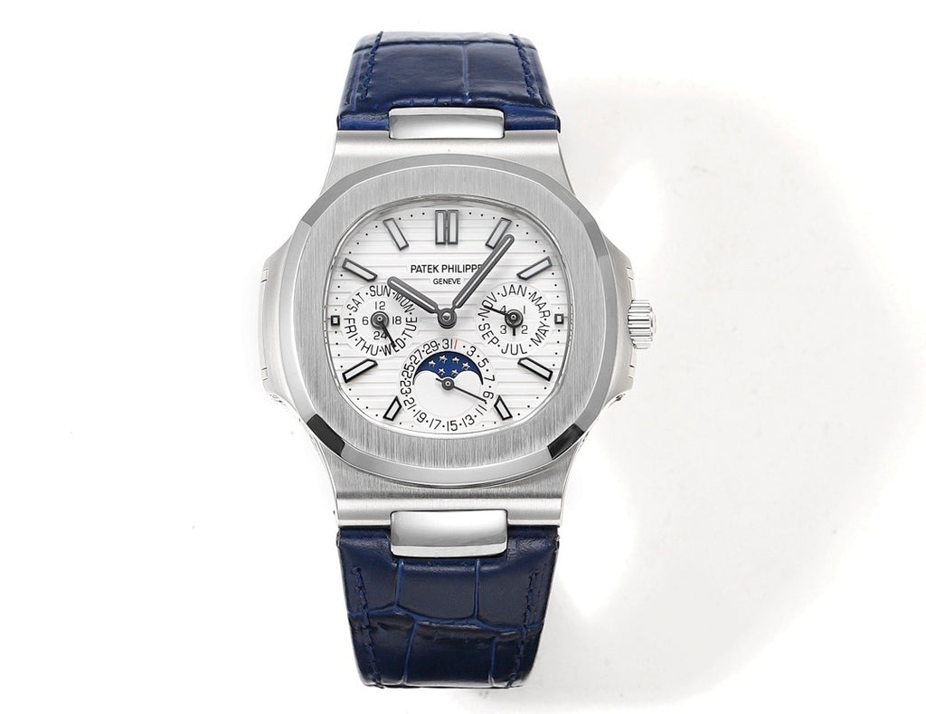 Patek Philippe wristwatch with blue leather strap, silver dial and chronograph hands