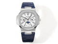 Patek Philippe wristwatch with blue leather strap, silver dial and chronograph hands