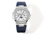 Patek Philippe wristwatch with blue leather strap, silver dial and chronograph hands