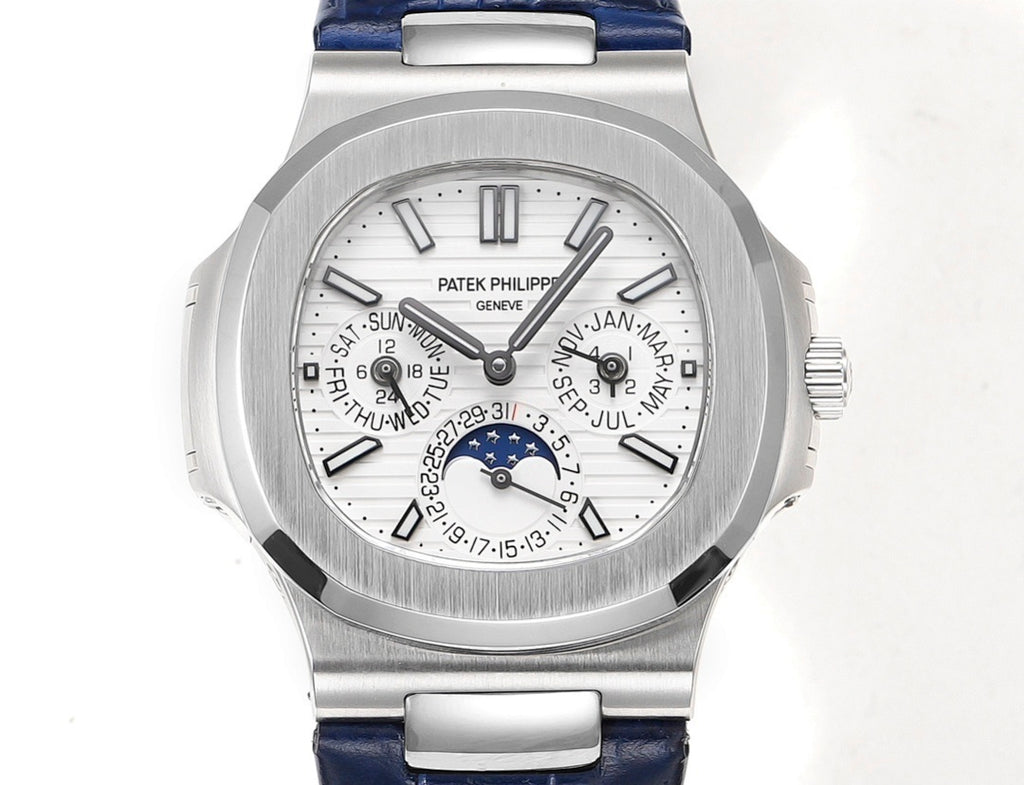 Patek Philippe wristwatch front view, silver dial with blue moonphase subdial
