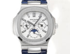 Patek Philippe wristwatch front view, silver dial with blue moonphase subdial