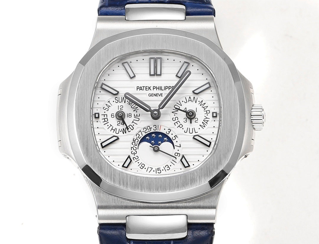 Patek Philippe wristwatch front view, silver dial with blue moonphase subdial