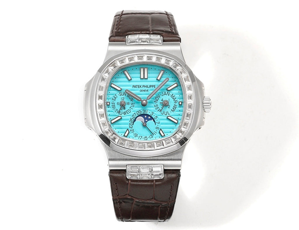Patek Philippe wristwatch with turquoise dial, diamond bezel, brown leather strap