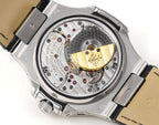 Patek Philippe wristwatch caseback with exposed mechanical movement and brown strap