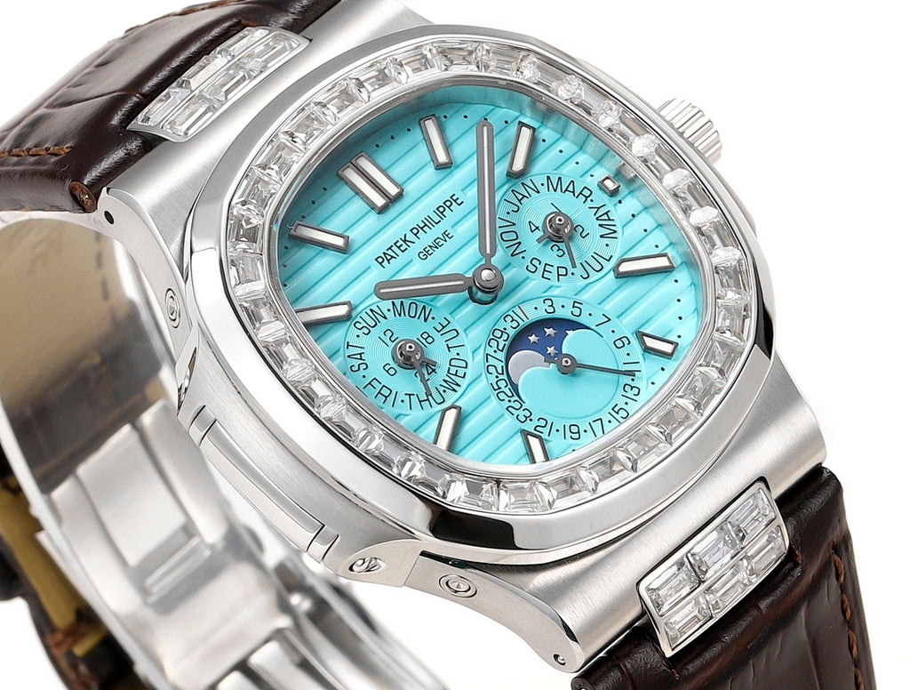 Patek Philippe wristwatch close-up of turquoise dial and diamond bezel, brown strap