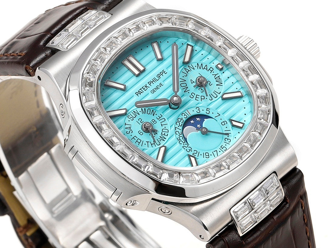 Patek Philippe wristwatch close-up of turquoise dial and diamond bezel, brown strap