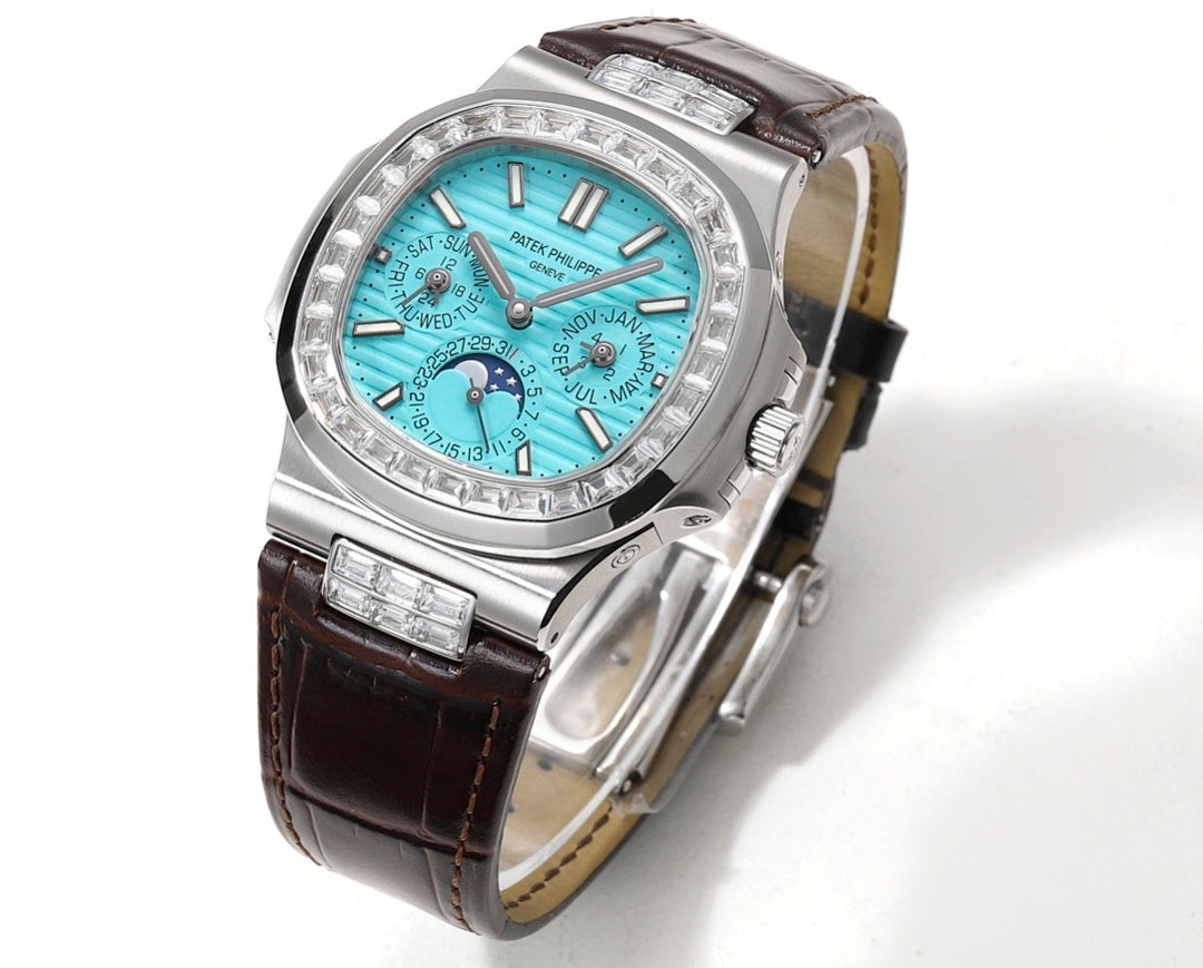 Patek Philippe wristwatch angled view with turquoise dial, diamond bezel, brown strap