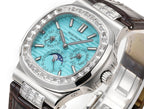 Patek Philippe wristwatch close-up of turquoise dial, diamond bezel, brown leather strap