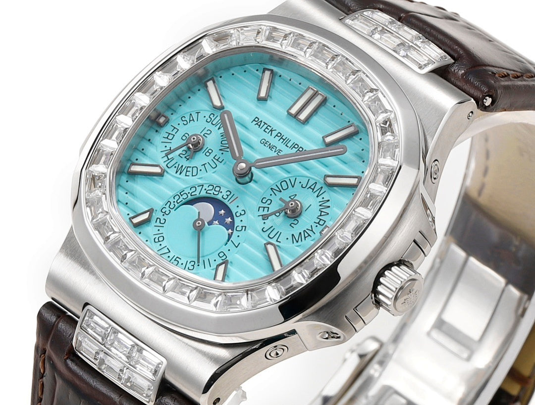Patek Philippe wristwatch close-up of turquoise dial, diamond bezel, brown leather strap
