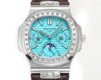 Patek Philippe wristwatch face view with turquoise dial, moonphase subdials, brown strap