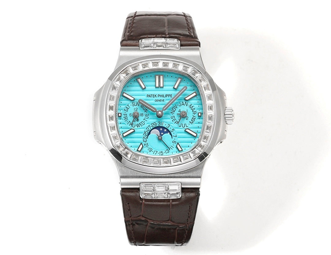 Patek Philippe wristwatch front view with turquoise dial, diamond bezel, brown leather strap