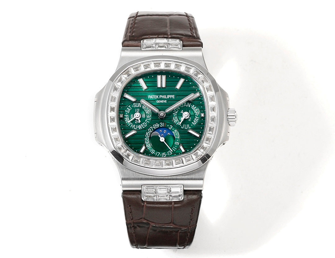 Patek Philippe watch with green dial, silver case, brown leather strap, gem-set bezel.