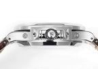 Patek Philippe watch stainless steel caseback with central emblem and screws.