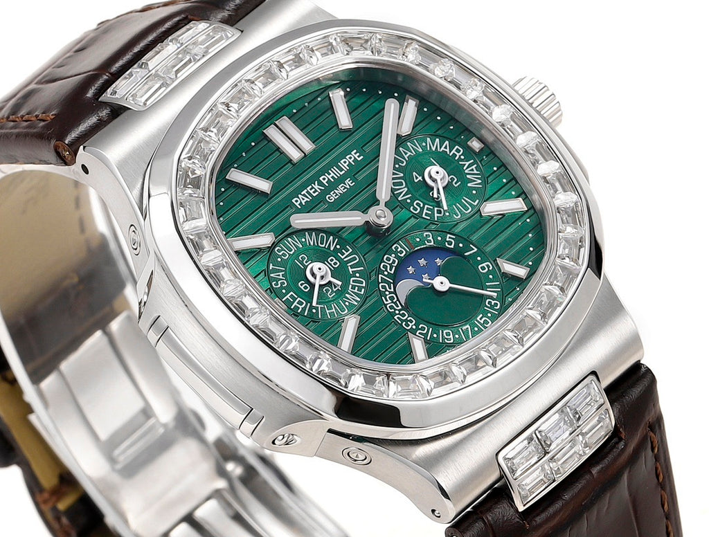Patek Philippe watch close-up of green dial with date markers and gem-set bezel.