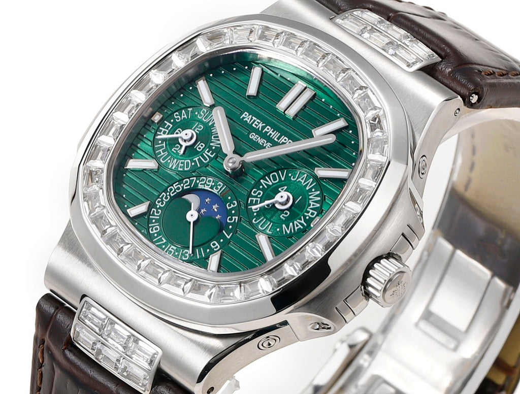 Patek Philippe watch angled view of green dial, silver bezel, and brown leather strap.