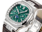 Patek Philippe watch angled view of green dial, silver bezel, and brown leather strap.