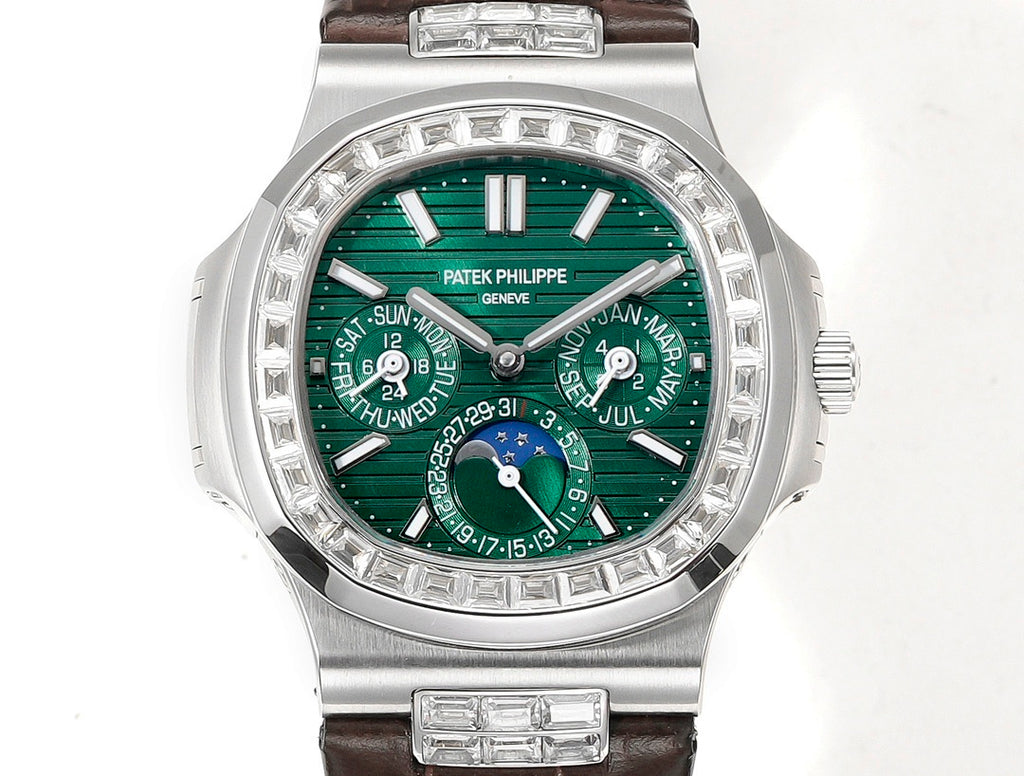 Patek Philippe watch front view: green dial, silver case, gem-set bezel, brown strap.