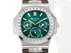 Patek Philippe watch front view: green dial, silver case, gem-set bezel, brown strap.
