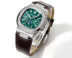 Patek Philippe watch side view with green dial, silver case, and brown leather strap.