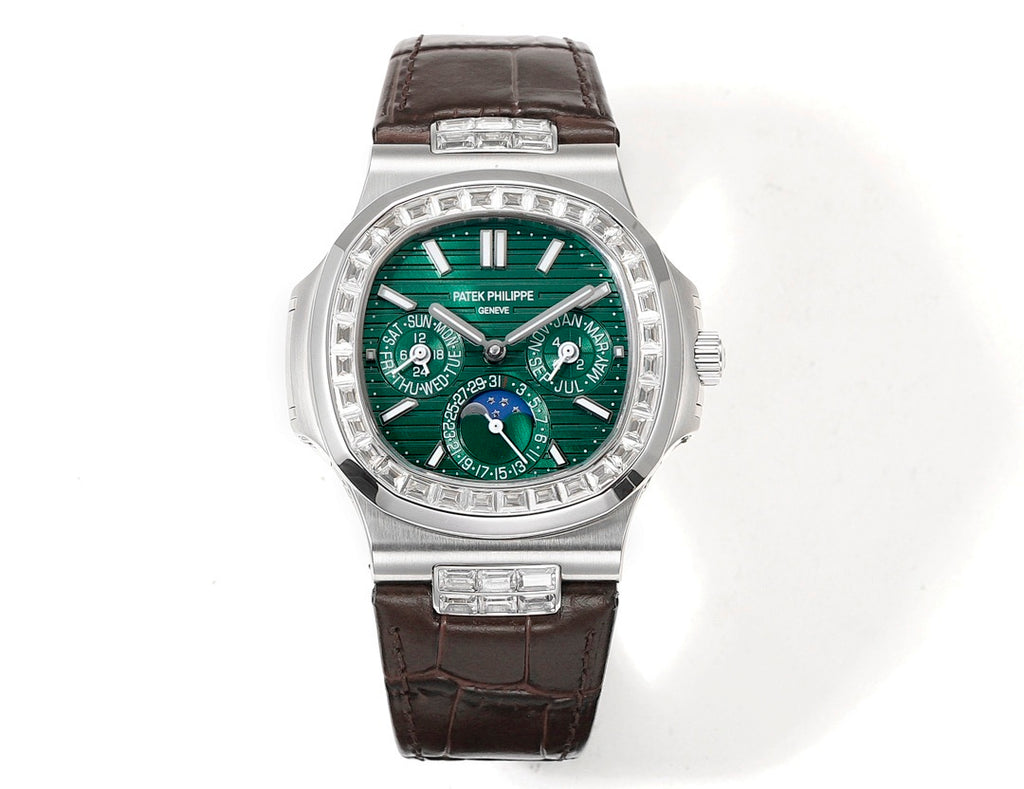 Patek Philippe watch front view with green dial, silver case, brown leather strap, gem-set bezel.
