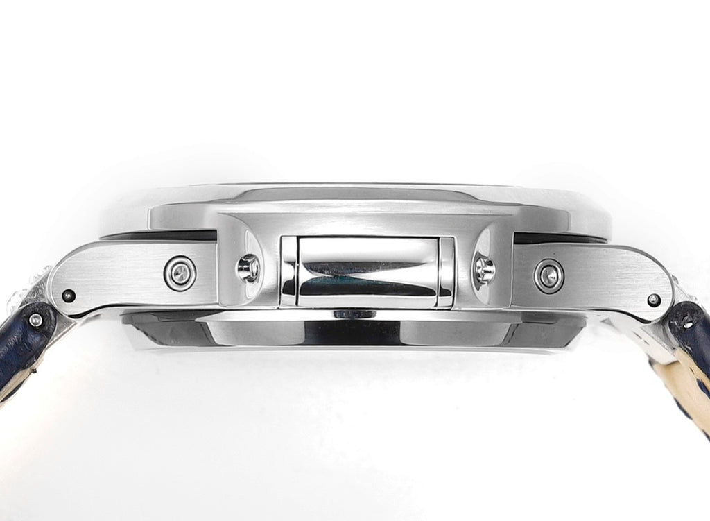 Patek Philippe watch side view with silver case and integrated push-pieces