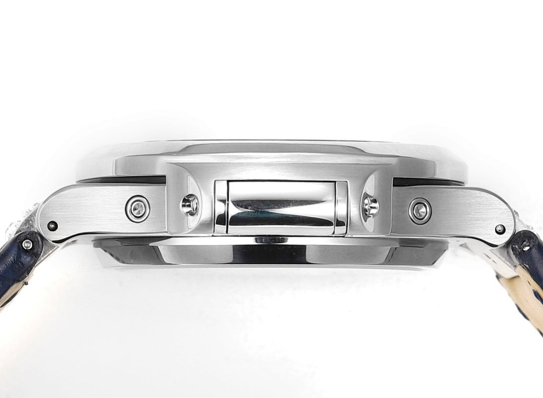 Patek Philippe watch side view with silver case and integrated push-pieces