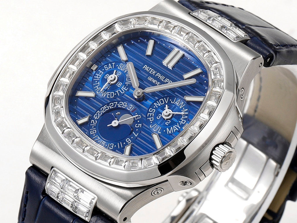 Patek Philippe watch angled view with blue dial and silver hands over diamond bezel