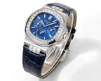 Patek Philippe wristwatch three-quarter view with blue dial, silver case, and leather strap
