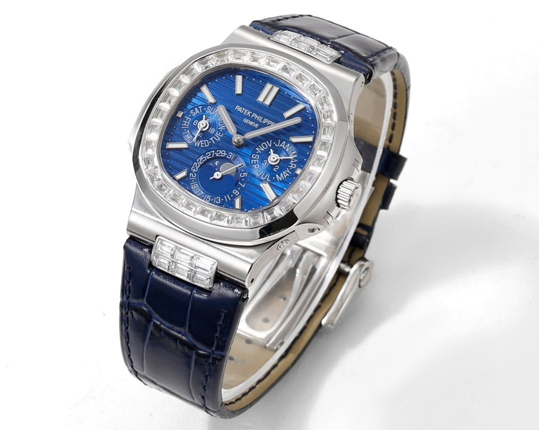Patek Philippe wristwatch three-quarter view with blue dial, silver case, and leather strap