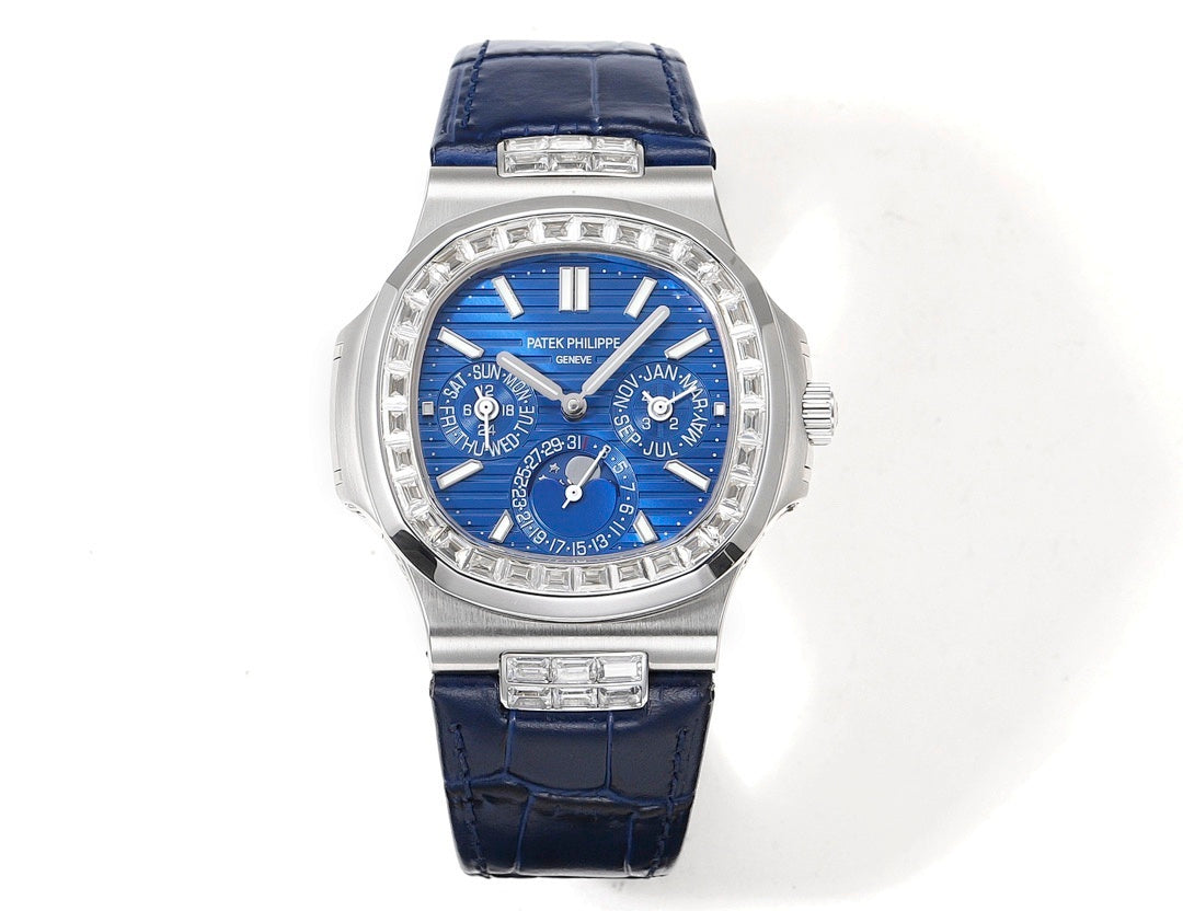 Patek Philippe wristwatch with blue dial, silver case, diamond bezel and blue leather strap