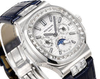 Patek Philippe watch angled view, diamond bezel, ornate dial with subdials and blue details.