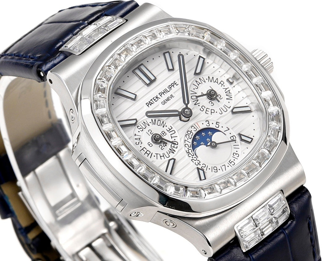 Patek Philippe watch angled view, diamond bezel, ornate dial with subdials and blue details.
