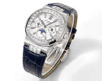 Patek Philippe watch three-quarter view, silver case, blue leather strap, diamond bezel.