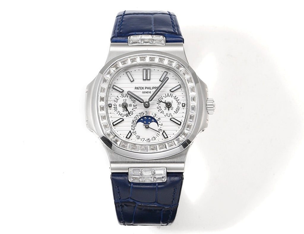 Patek Philippe watch with blue leather strap and silver case, diamond bezel.