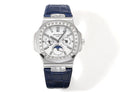 Patek Philippe watch with blue leather strap and silver case, diamond bezel.