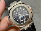 Patek Philippe wristwatch close-up of black dial, silver markers, and rubber strap