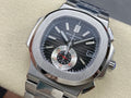 Stainless steel wristwatch with dark blue dial, baton markers, subdials and date window