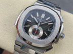 Stainless steel wristwatch with dark blue dial, baton markers, subdials and date window