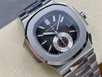 Stainless steel wristwatch with dark blue dial, raised bezel, baton hands, and subdial