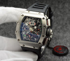 Richard Mille watch with silver case, black strap, colorful multi-dial skeleton face