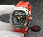 Richard Mille watch with silver case, red strap, colorful multi-dial skeleton face